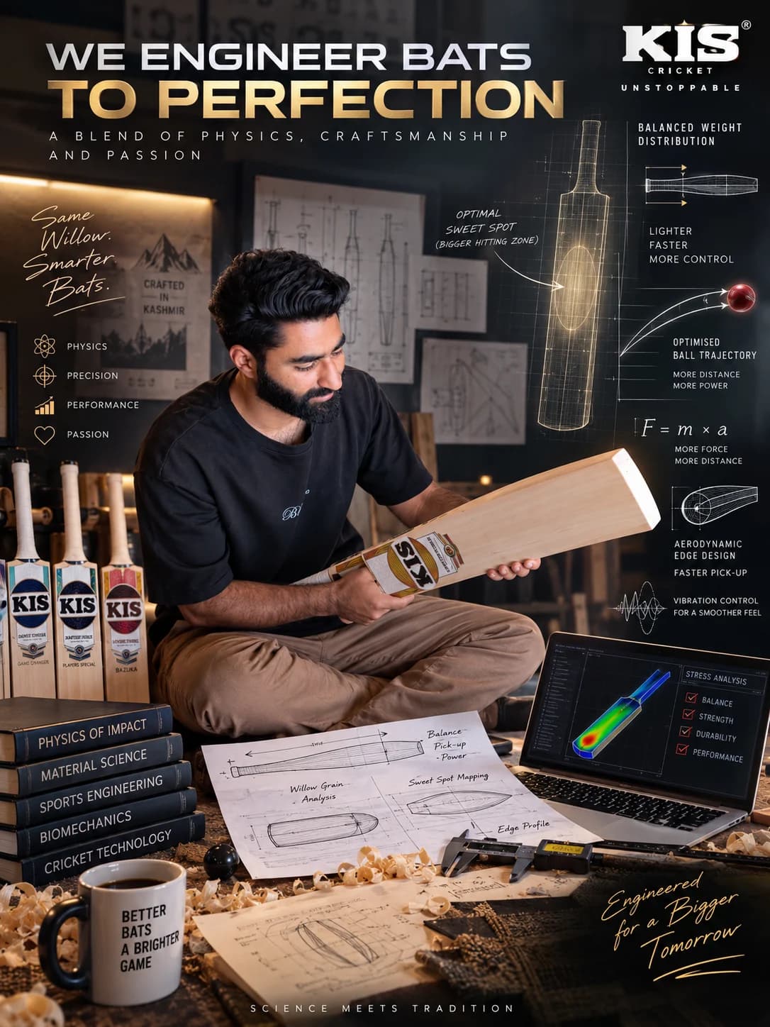 A KIS bat maker studying a finished Kashmir Willow bat among bat drawings and wood shavings, under the headline: We engineer bats to perfection.